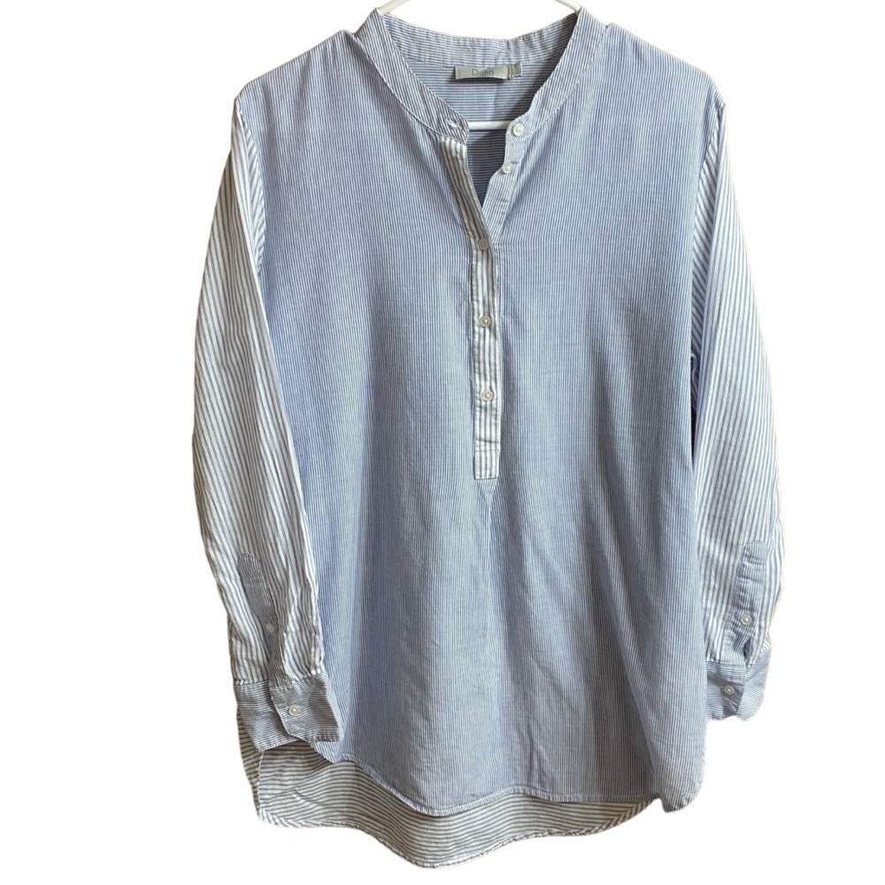 Dalia Blue White Stripe Half Button Tunic 100% Cotton Blouse Top Size Large